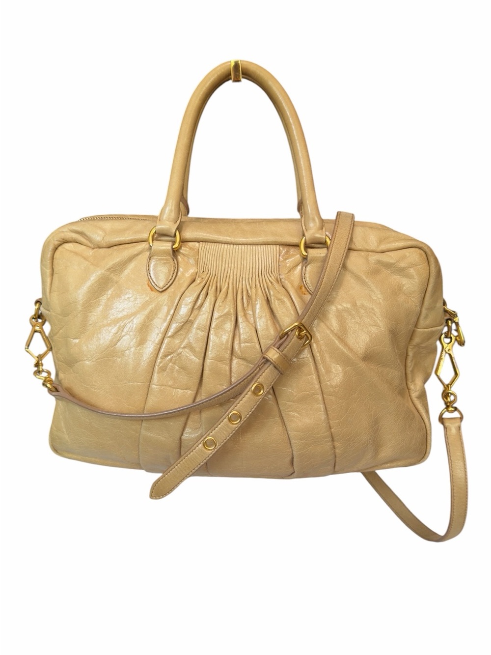 Miu Miu Beige/Tan Leather Pleated Satchel with Detachable Strap